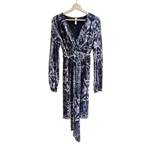 Vintage Faux Wrap Dress with Sheer Sleeves and Waist Tie, Size XL